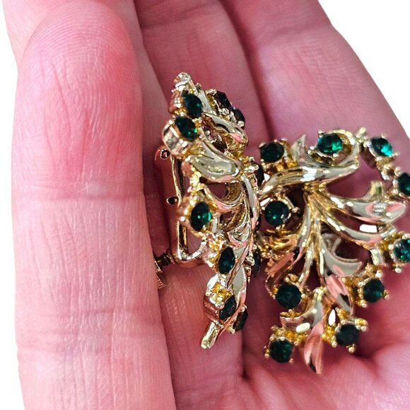 Vintage Coro Emerald Gold Tone Clipon Earrings Formal Evening Leaf MCM Mod - Picture 7 of 12